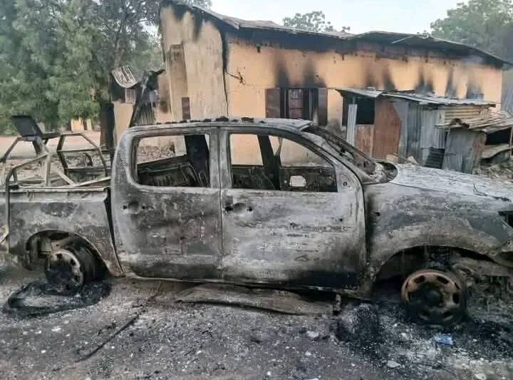 A destroyed army vehicle in Ngoshe community