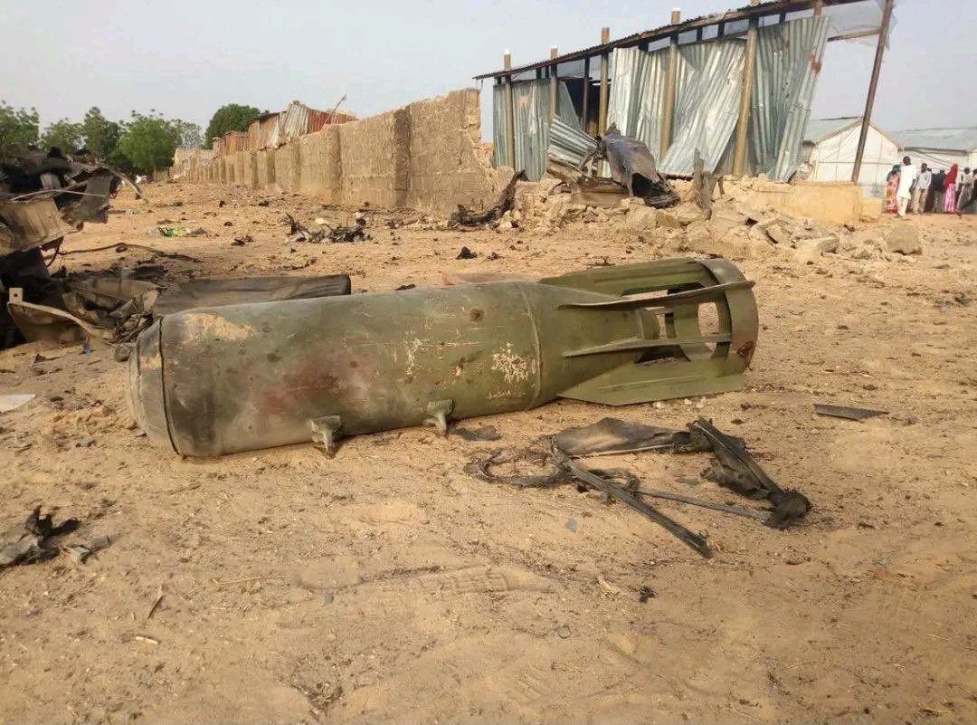 A bomb from an air strike by the Nigerian airforce lies on the ground after cross fire between the military and Boko Haram Islamists in Maiduguri, in April 2018.